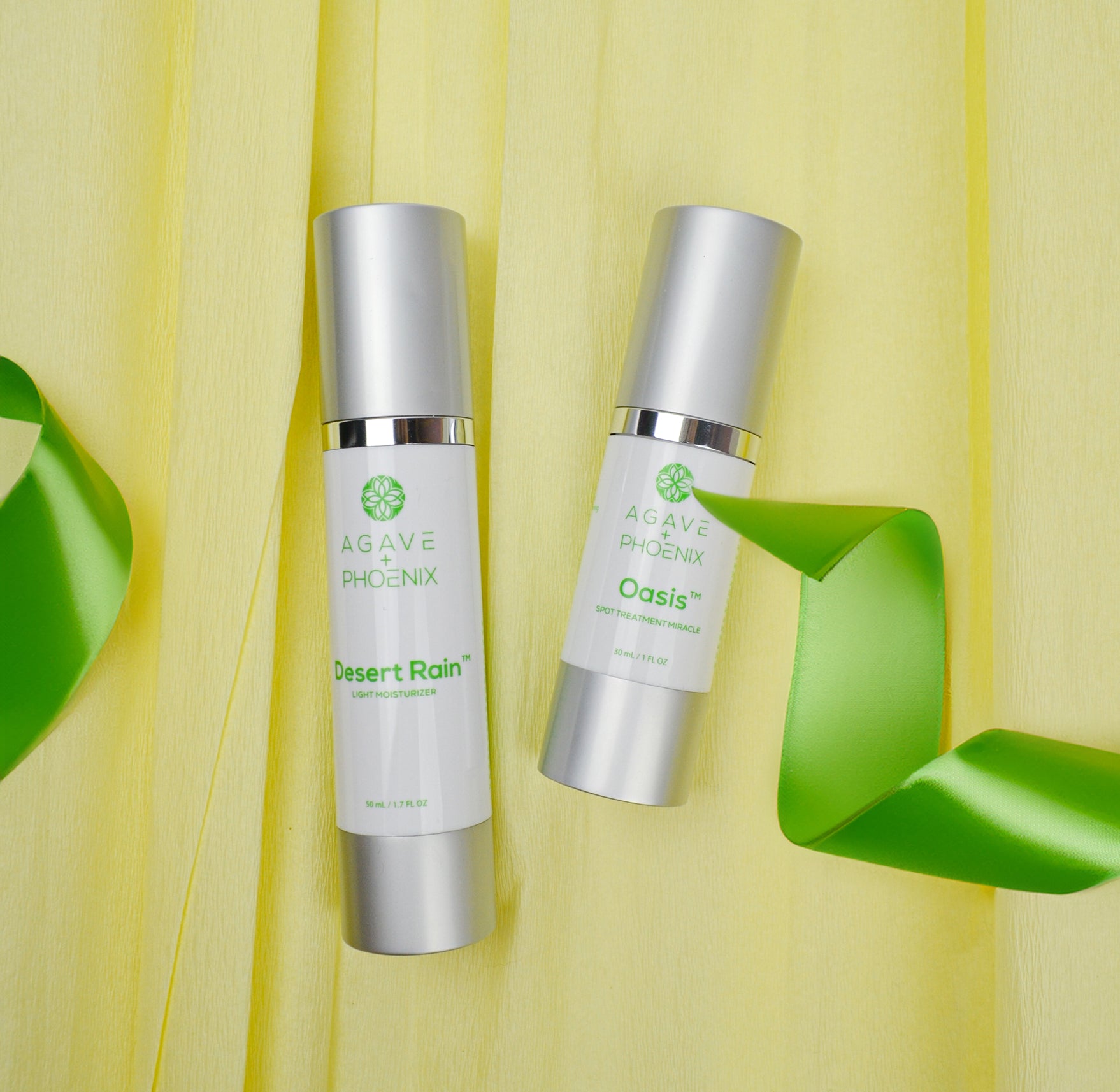 Desert Rain Moisturizer and Oasis Spot Treatment from Agave Phoenix, with a ribbon—ready to be donated with care.